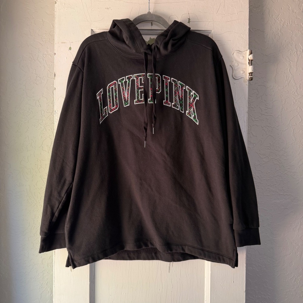 Victoria's Secret PINK Black Plaid Logo Fleece Hoodie Sweatshirt Medium